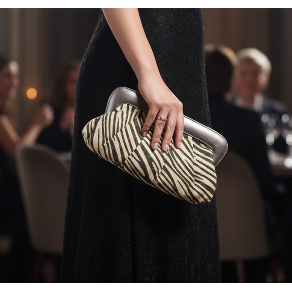 Evening Bag - Pleated Zebra Print w/ Leather Like Frame - Gray - BG-92089GY